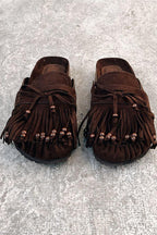 Zueco Plano Ante Chocolate con Flecos - Estilo Boho Chic