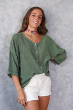 Camisa tipo lino de algodón verde