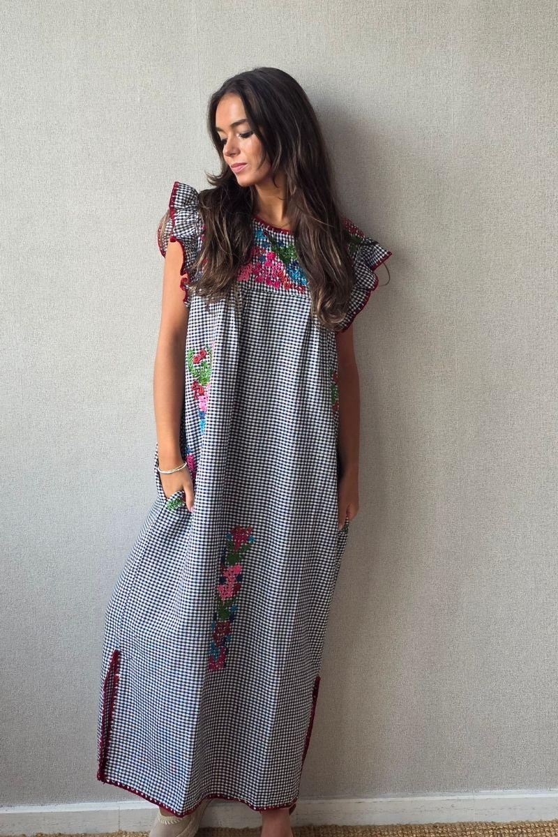 Vestido mexicano cuadro vichy negro