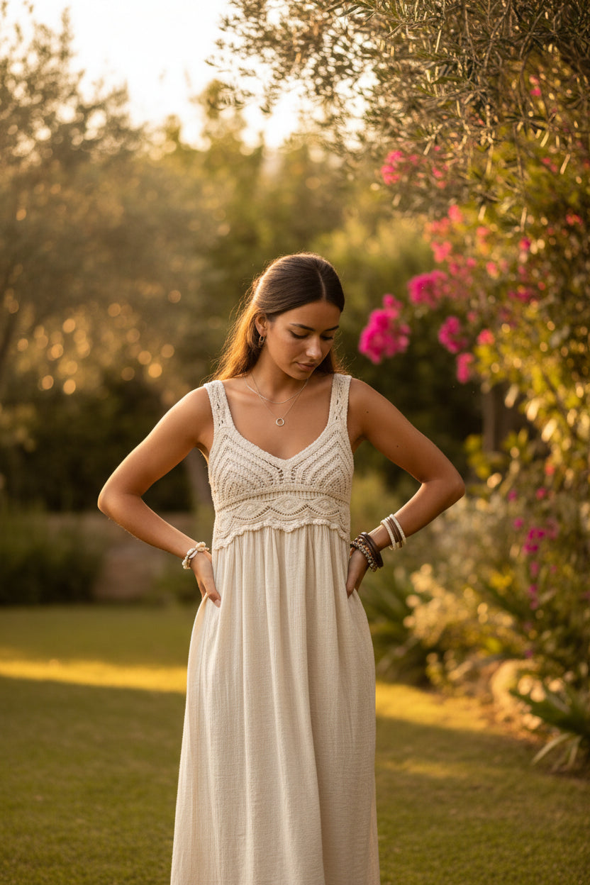 Vestido de tirantes crochet beige
