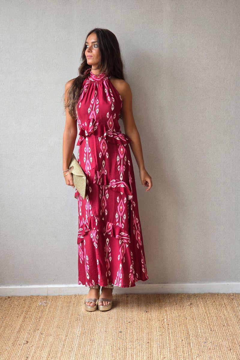Vestido halter con volantes rojo