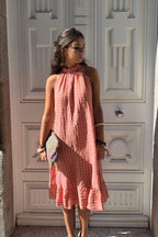 Vestido cuello halter de cuadros coral