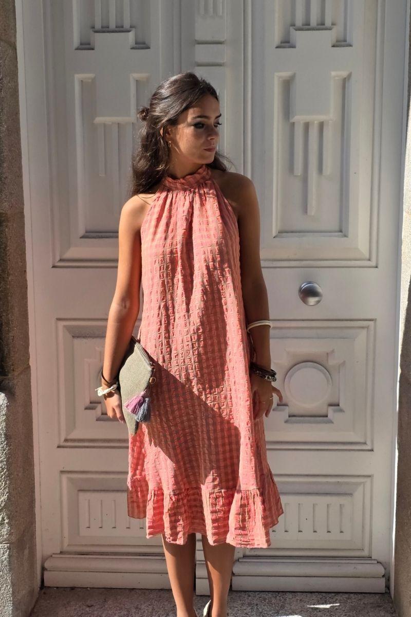 Vestido cuello halter de cuadros coral