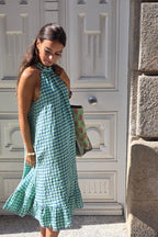 Vestido cuello halter de cuadros verde