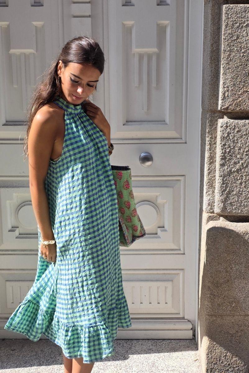 Vestido cuello halter de cuadros verde