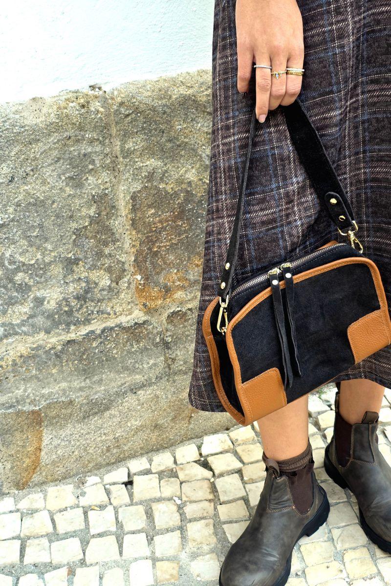 Bolso de piel y ante tipo box negro y camel