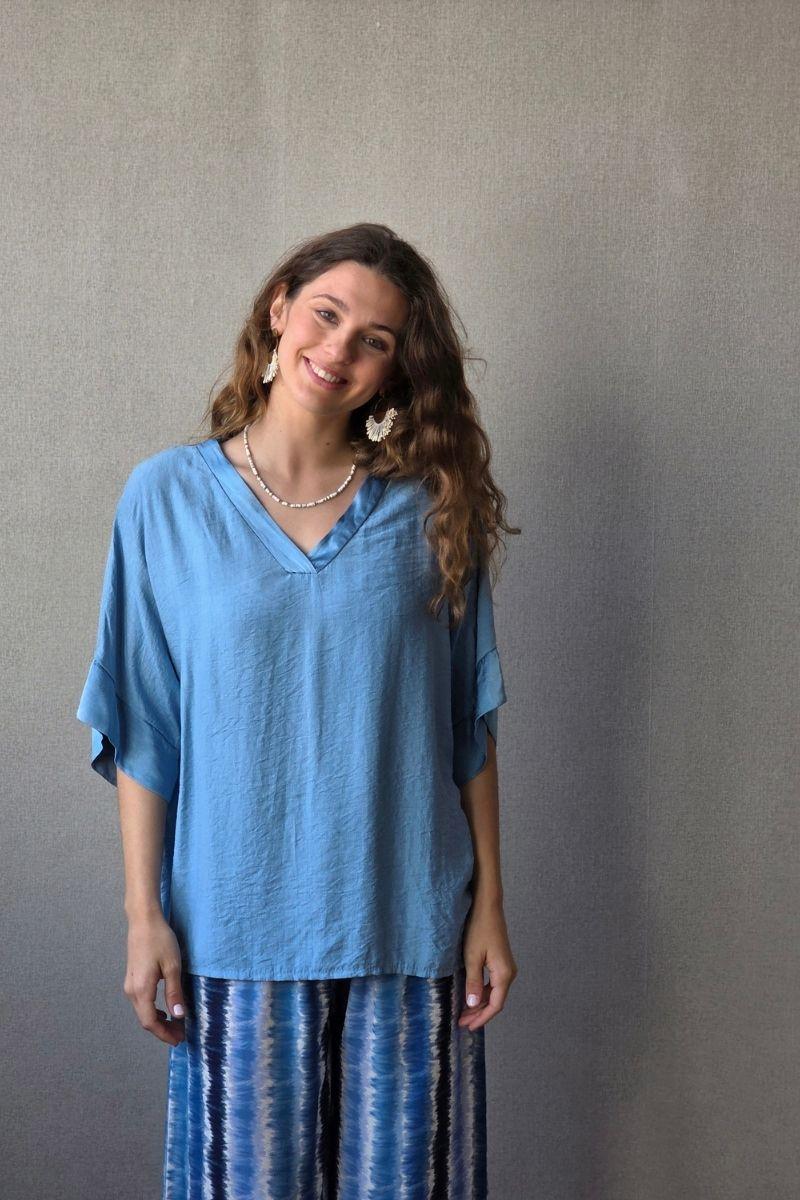 Blusa oversize manga satinada azul jeans