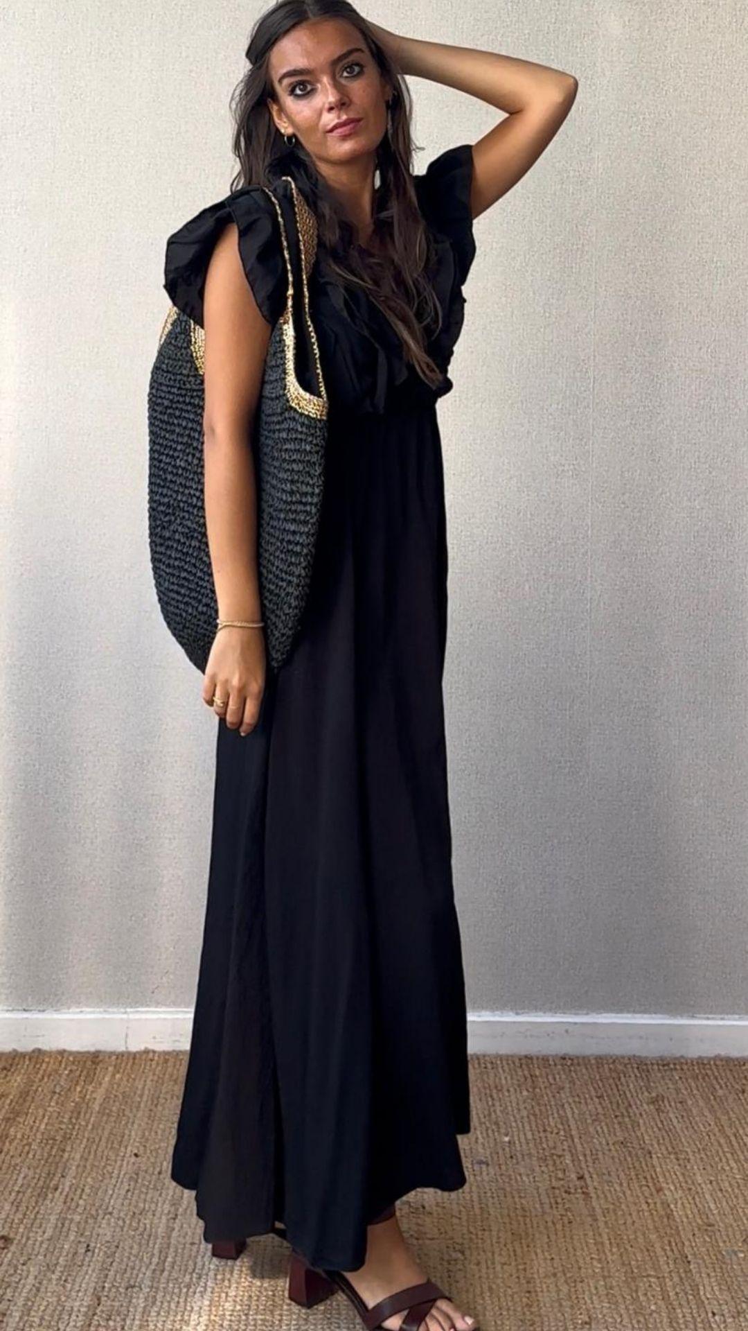 Bolso negro rafia rematado en dorado
