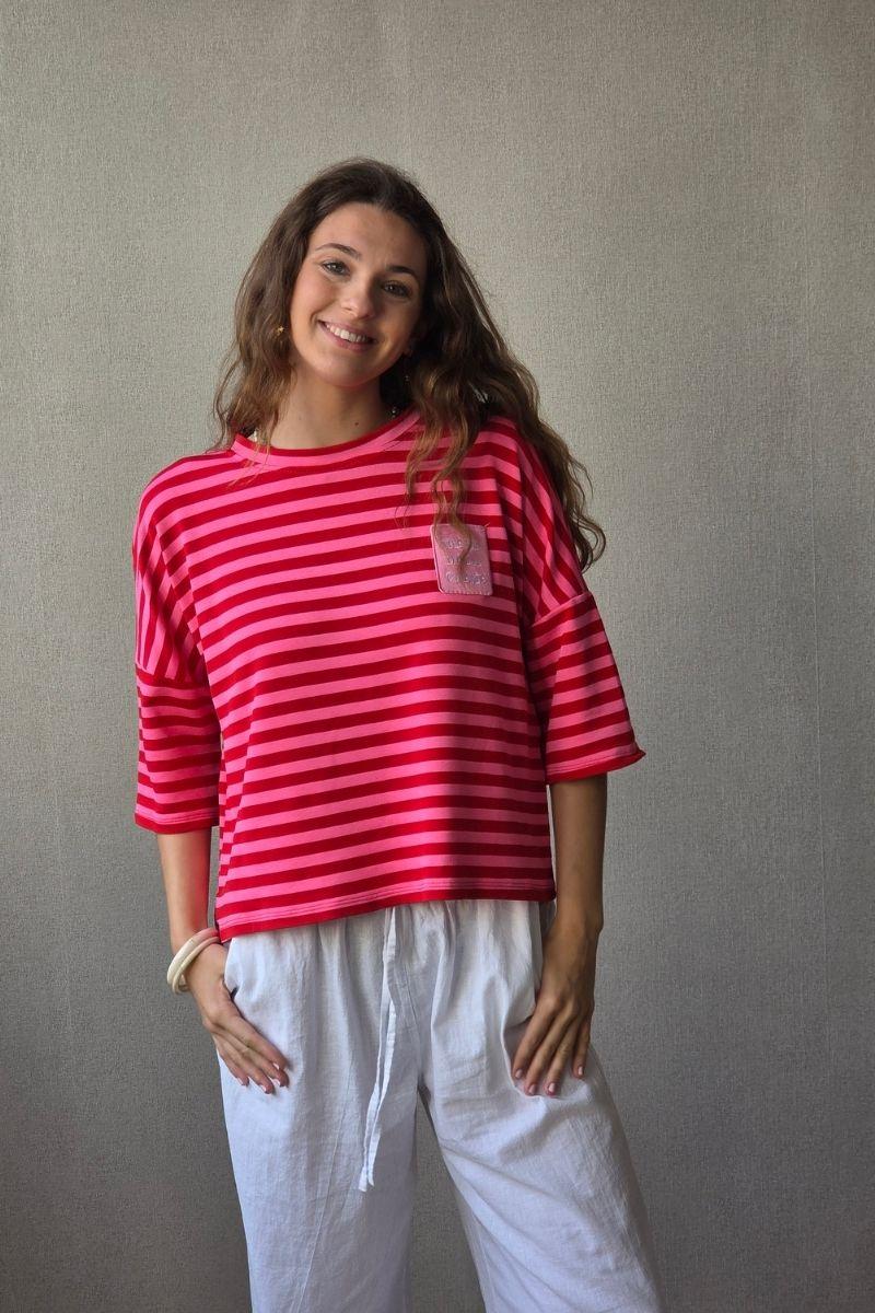 Sudadera Corta de Rayas Fucsia