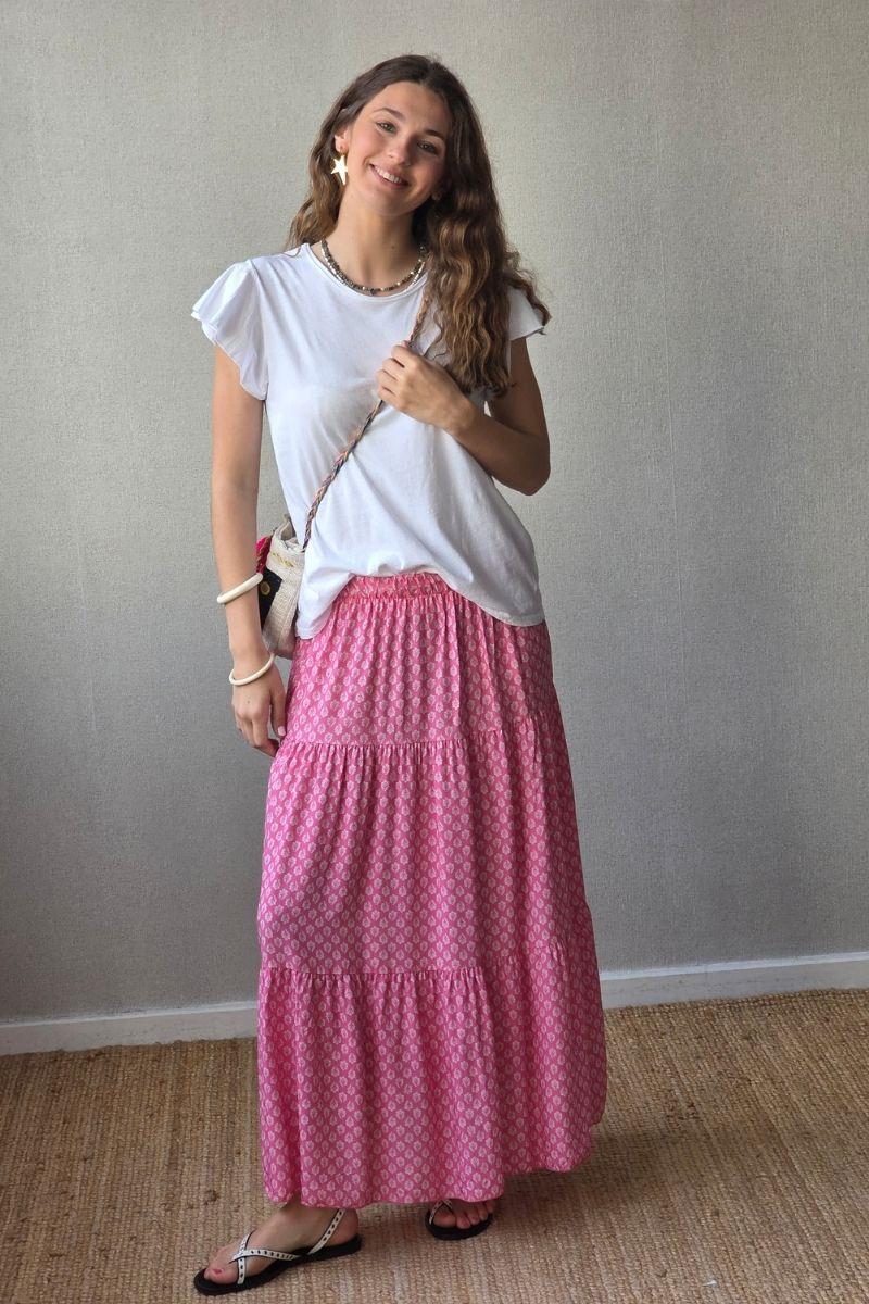 Falda estampado de flores con volantes fucsia