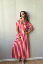 Vestido rayas manga corta no se arruga fucsia