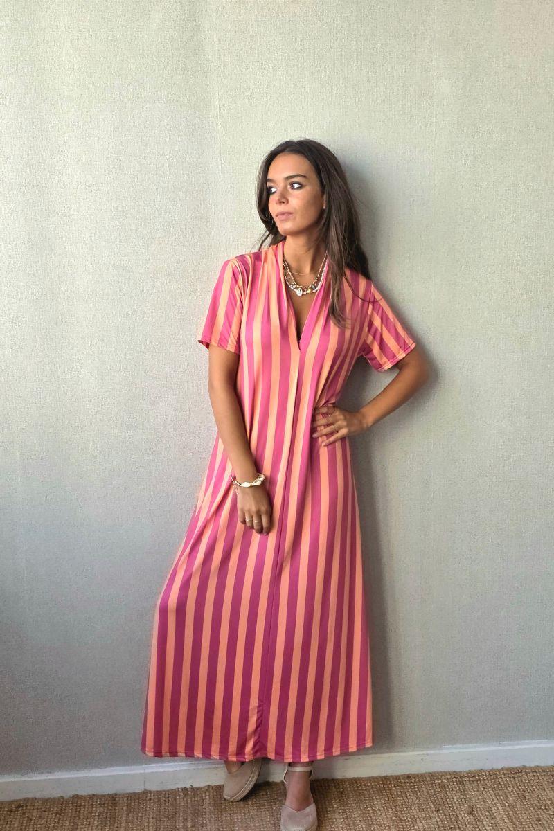 Vestido rayas manga corta no se arruga fucsia