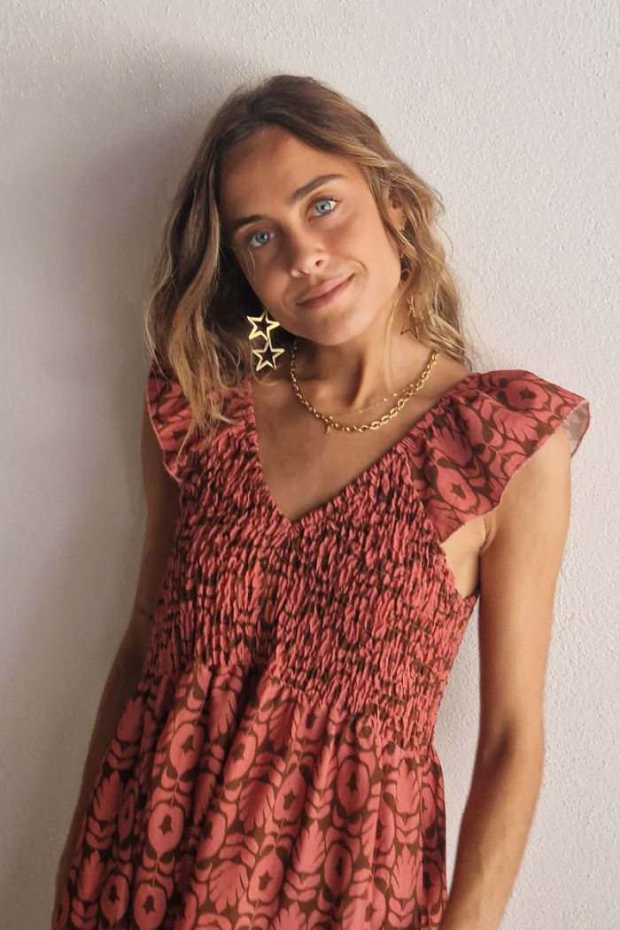 Vestido largo nido de abeja tulipanes frambuesa