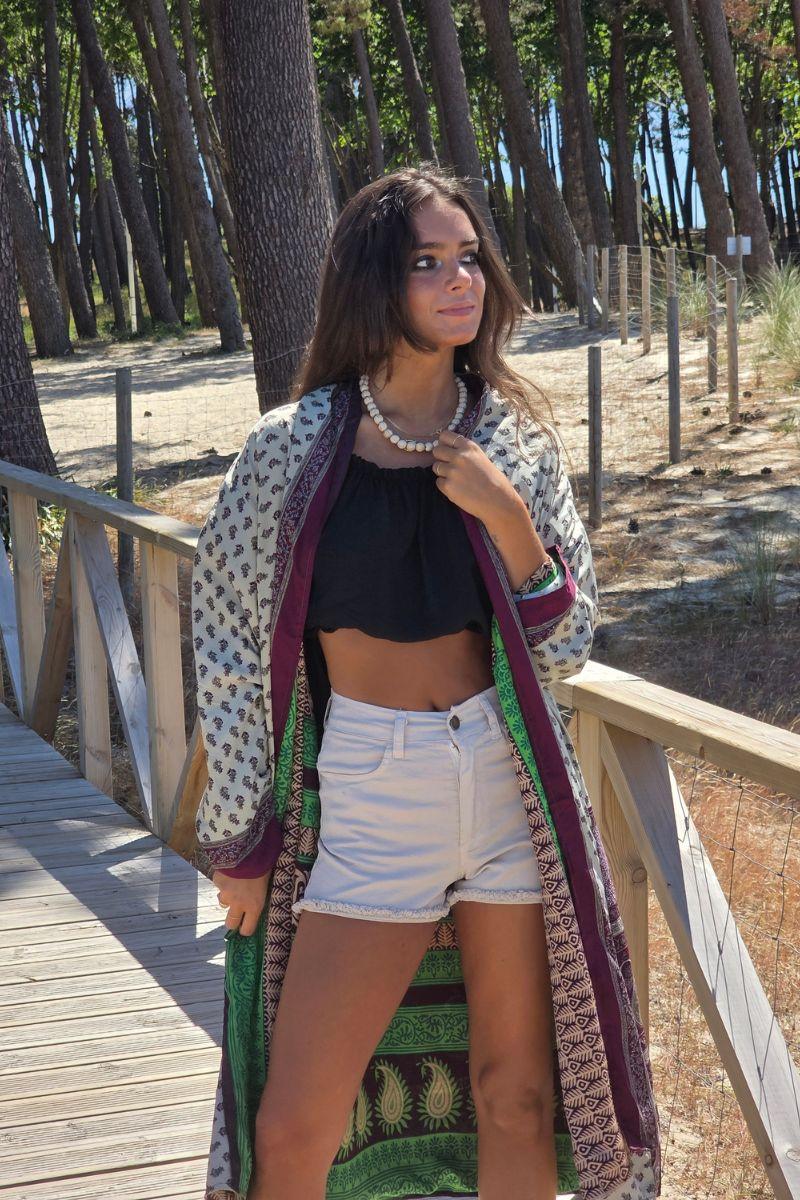 Kimono largo reversible indio estampado vino