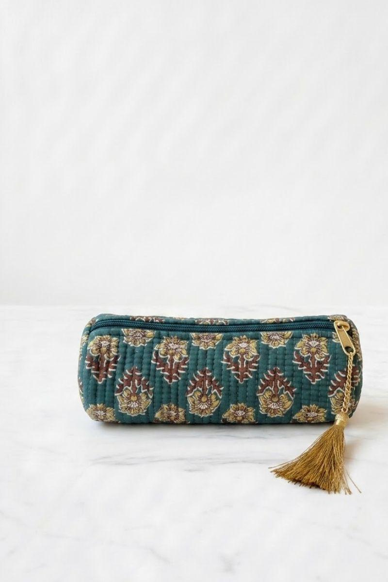 Estuche/neceser verde botella telas indias