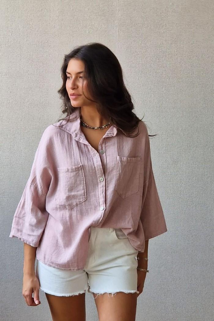 Camisa rosa tipo lino con bolsillos