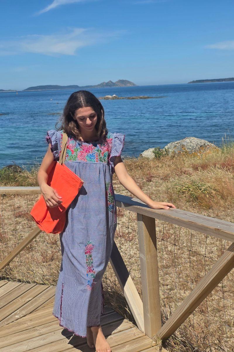 Vestido mexicano cuadro vichy marino
