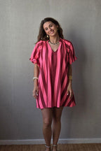 Vestido de mujer manga abullonada con rayas rosa