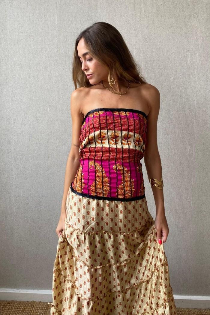 Vestido palabra de honor indio nido de abeja beige