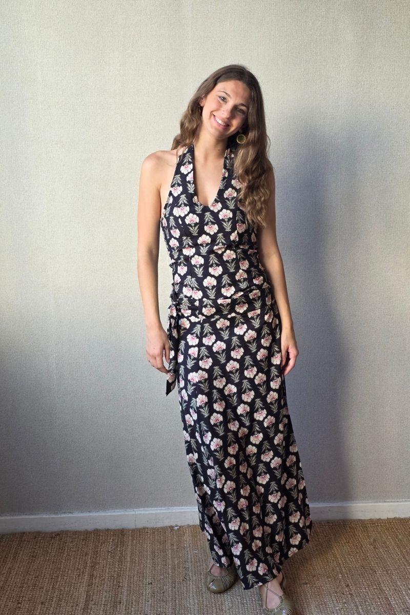 Falda de flores boho negra
