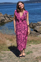 Vestido con volante con flores burdeos