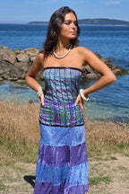 Vestido palabra de honor telas indias azulón