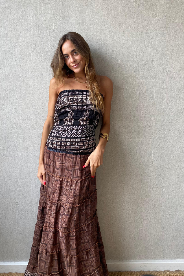 Vestido palabra de honor indio nido de abeja negro