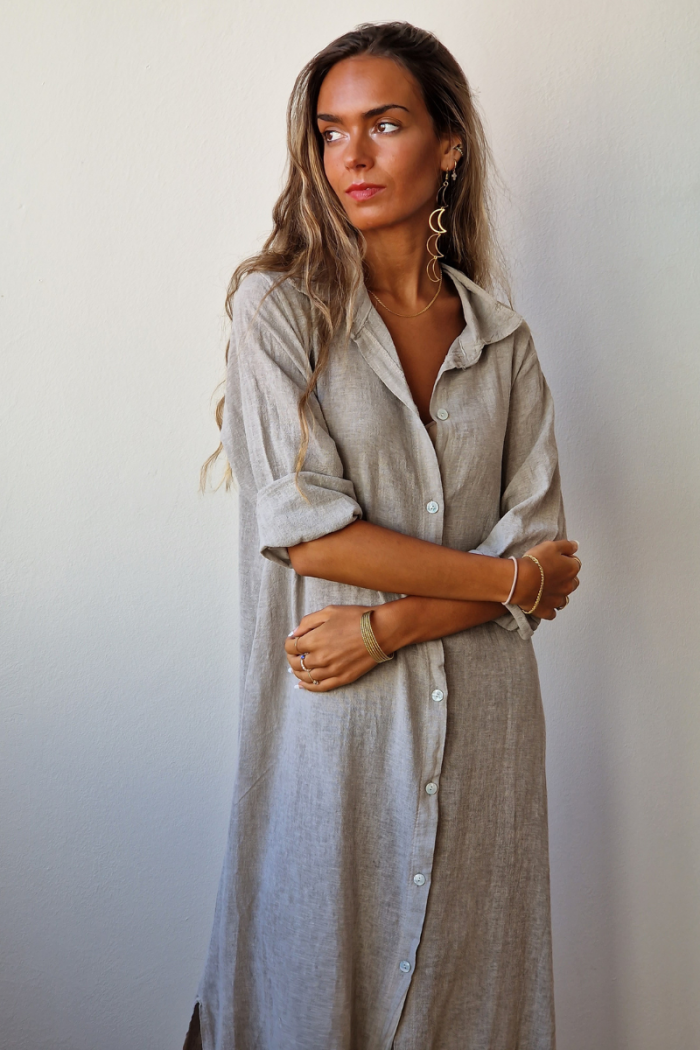 Vestido Largo Camisero Algodón Topo