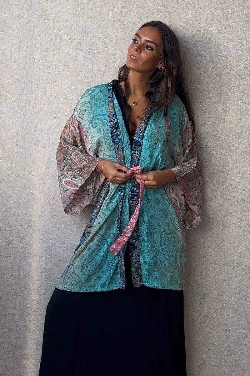 Kimono hindu midi multicolor turquesa
