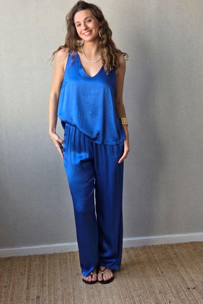 Pantalón de raso azulón