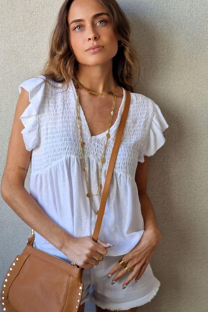 Blusa cuello pico con detalles lurex blanca
