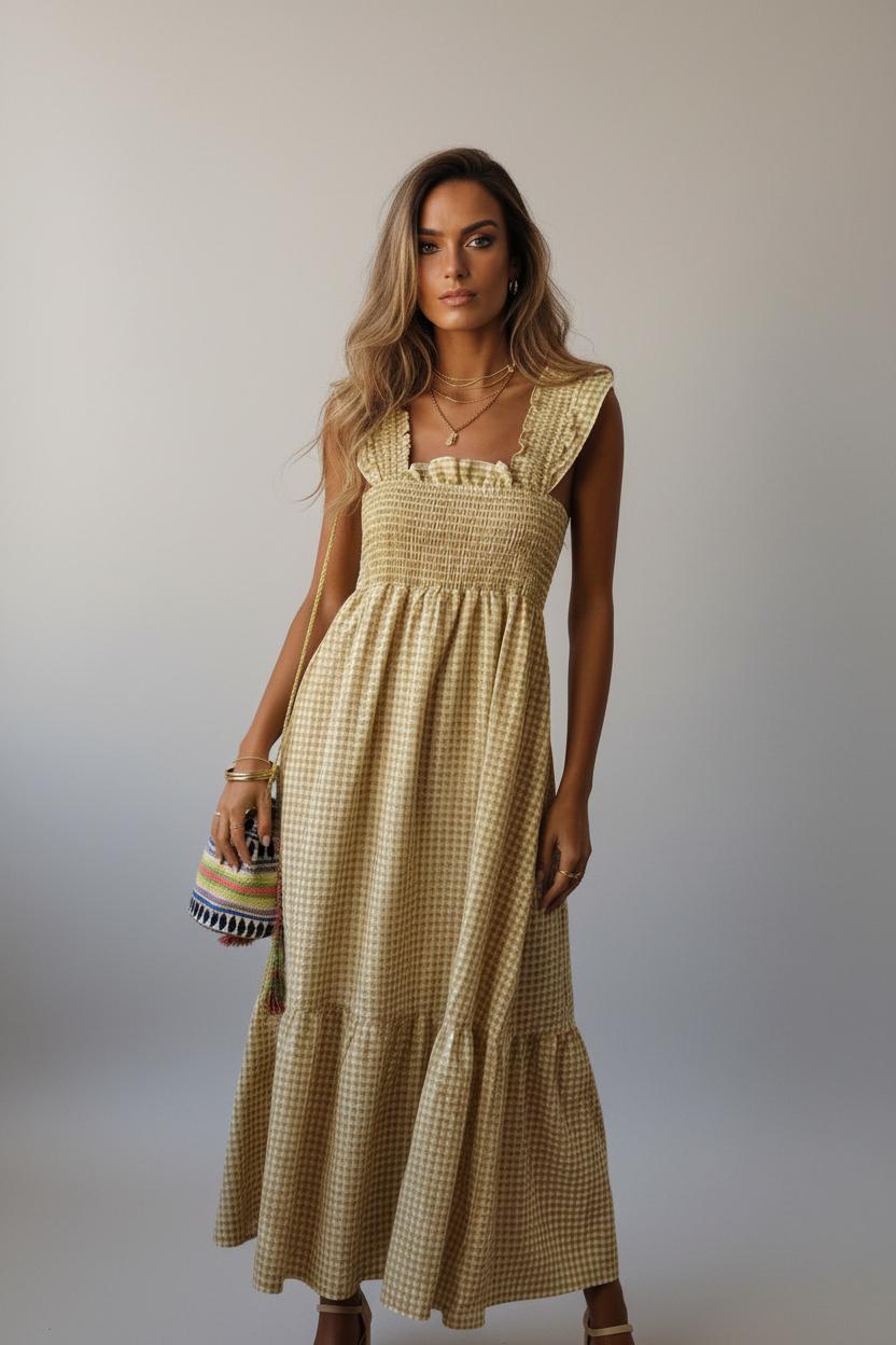 Vestido cuadro vichy nido de abeja mostaza