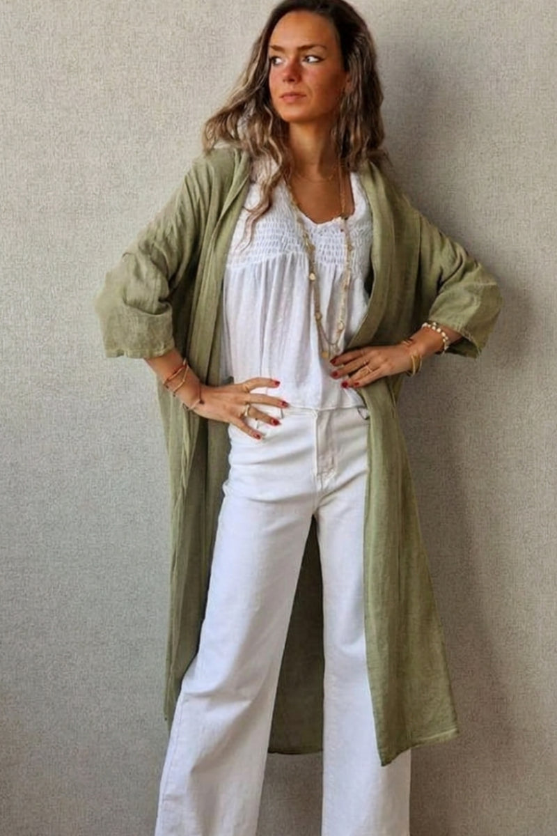 Kimono verde militar tipo lino con manga tres cuartos