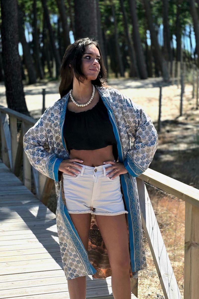 Kimono largo reversible indio estampado beige y naranja