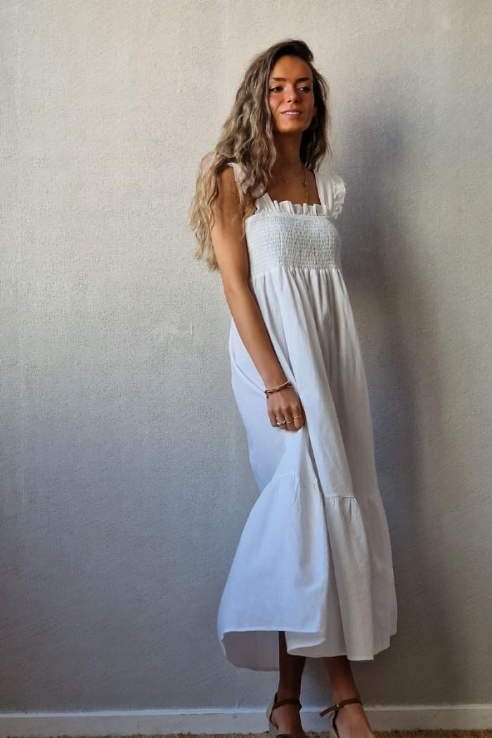 Vestido de tirantes nido de abeja blanco algodón lino