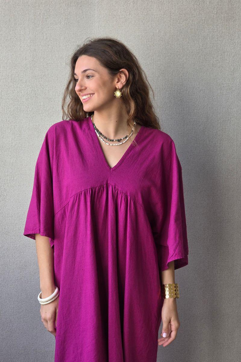 Vestido largo de lino y algodón magenta