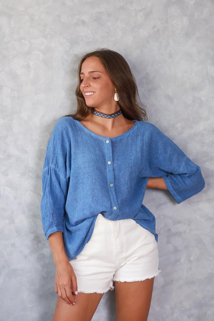 Camisa tipo lino de algodón azul