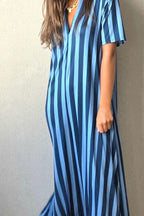 Vestido rayas manga corta no se arruga azul jean