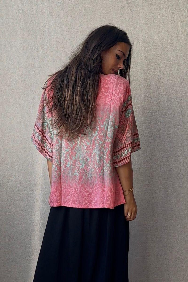 Kimono indio corto multicolor rosa flúor