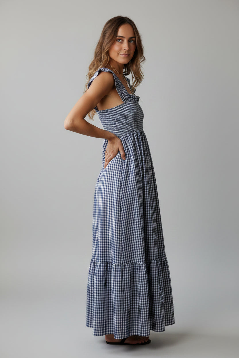Vestido cuadro vichy nido de abeja azul marino