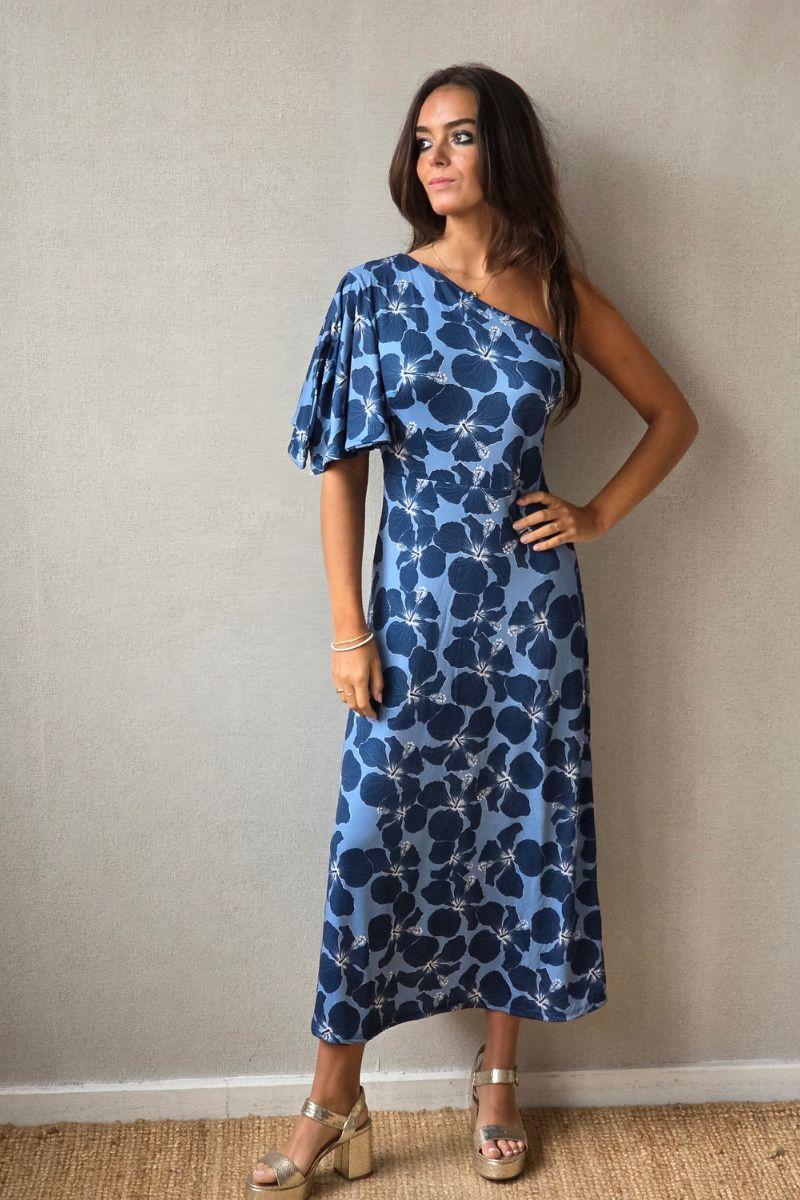 Vestido de flores grandes azul jean