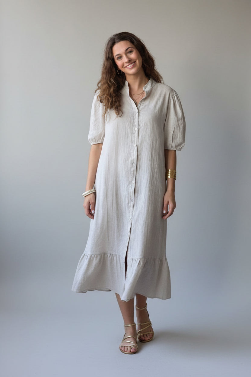 Vestido botones tipo lino beige