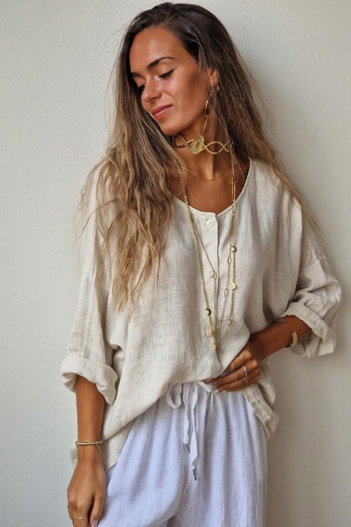 Camisa oversize tipo lino  con manga tres cuartos beige