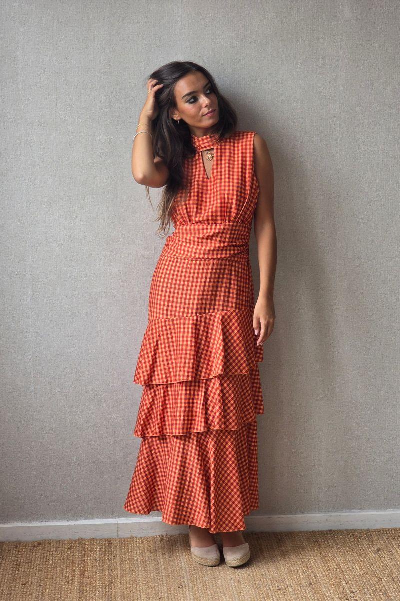 Vestido de volantes estampado vichy  cuello halter