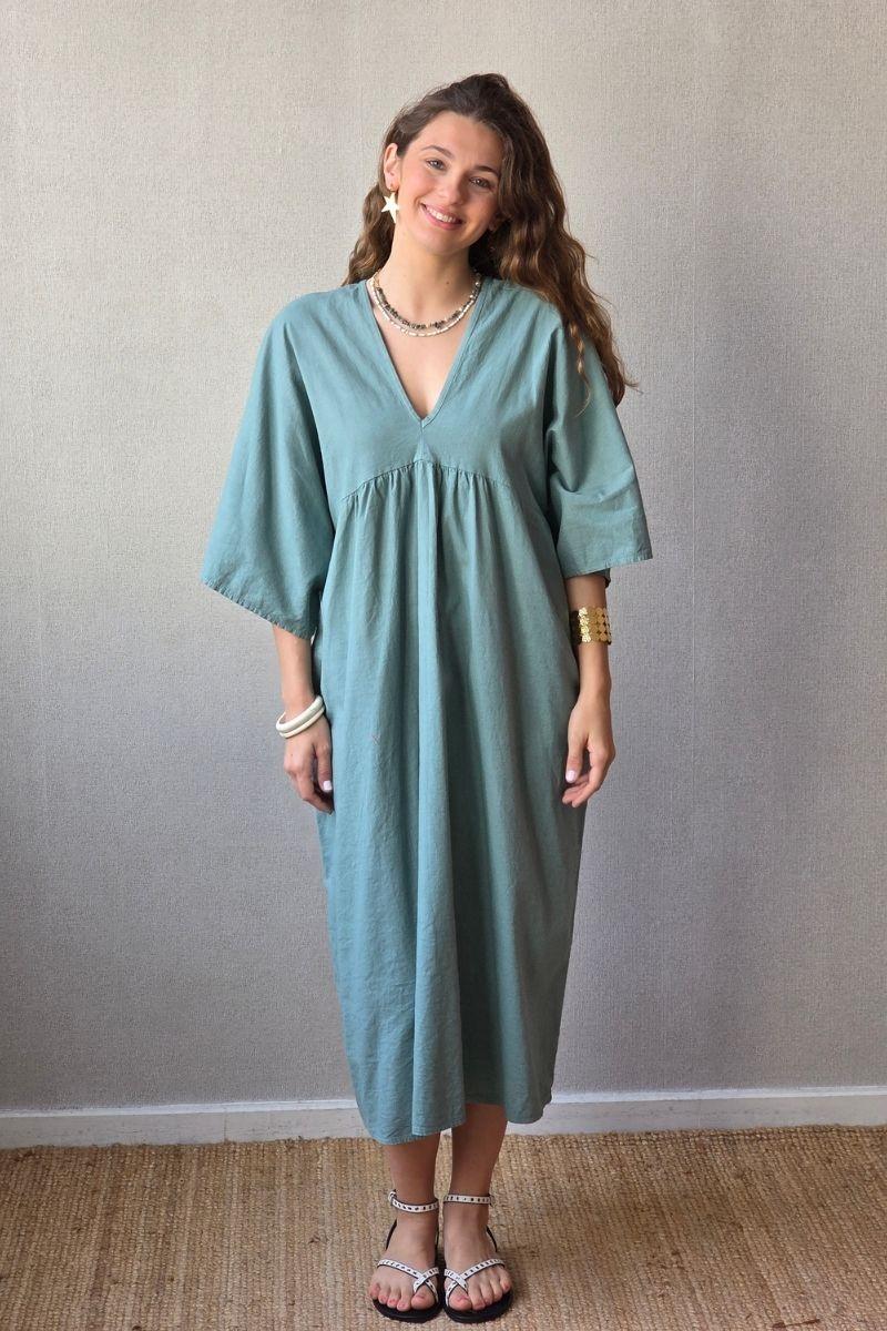 Vestido largo de lino algodón verde bonito
