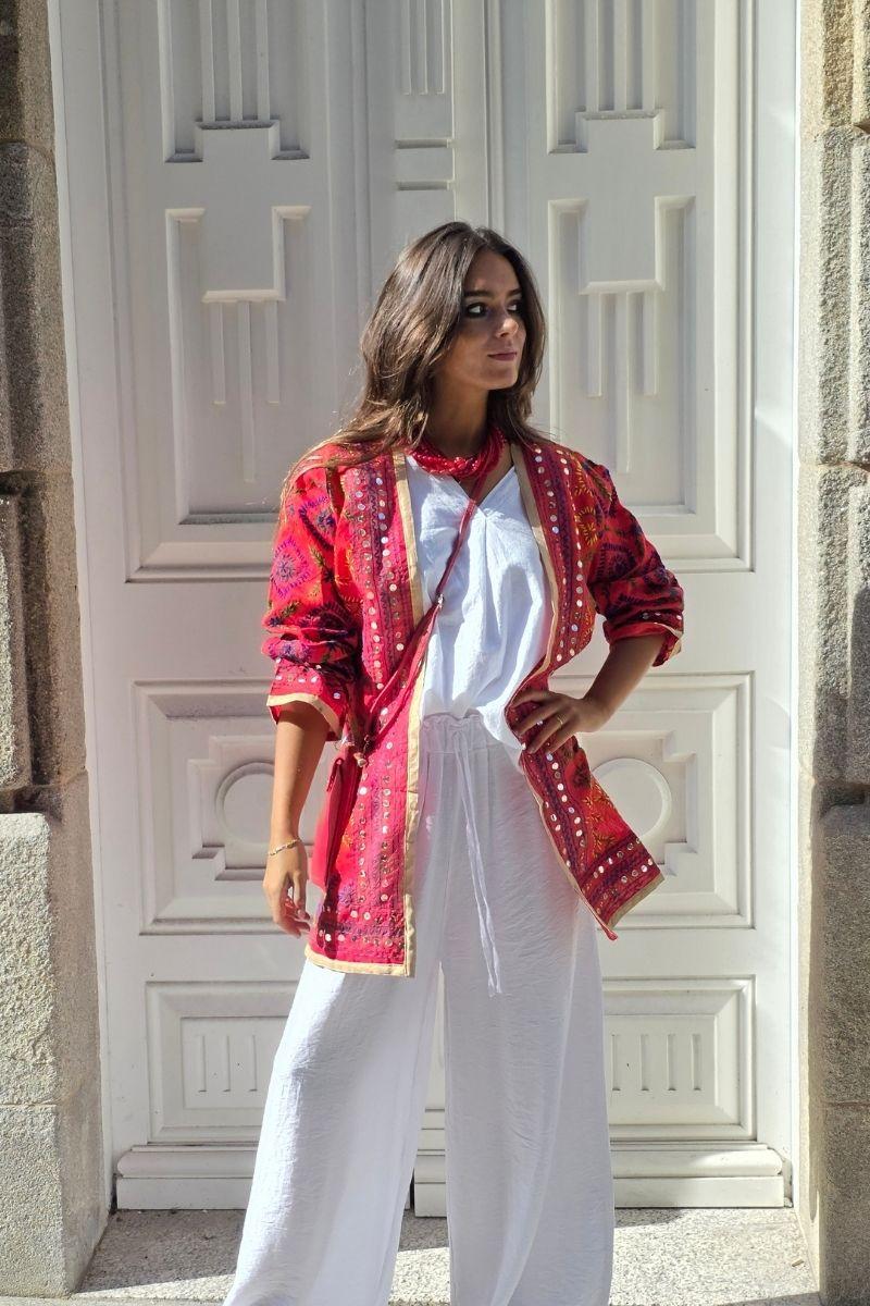 Kimono de telas indias bordado rojo