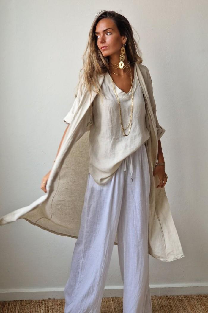 Kimono azul tipo lino con manga tres cuartos