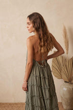 Vestido volantes lino verde