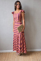 Conjunto top y falda de rayas berenjena