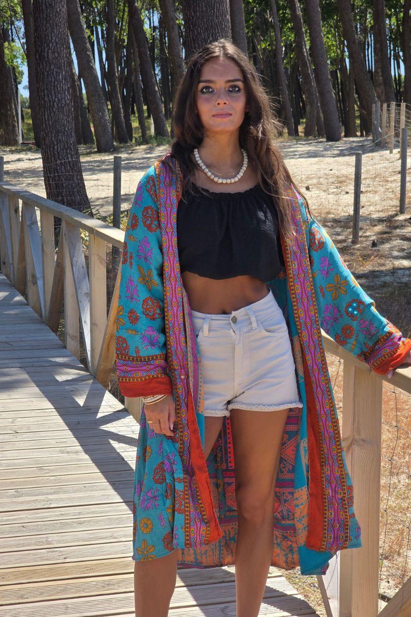 Kimono indio reversible en tonos turquesa